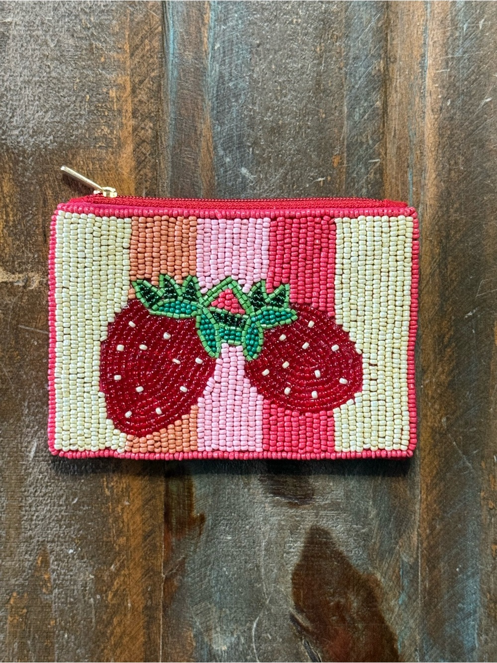 Strawberry Glass Beaded Coin Purse Pink Red Striped Zip Pouch EUC